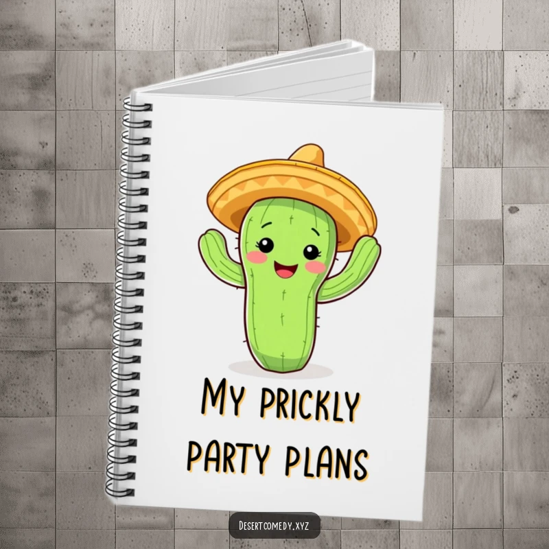 Funny cactus notebook with a smiling face and tiny sombrero, doing a jig, ideal for noting party plans.