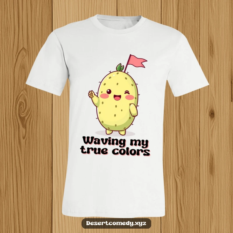 Funny t-shirt depicting a cheerful prickly pear cactus with rosy blushing cheeks, shyly waving a small flag.