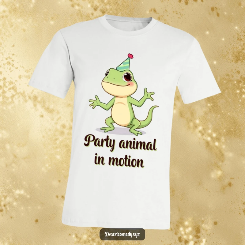Funny t-shirt featuring a giggling lizard with a party hat, performing a silly jig with infectious energy and a joyful spirit.