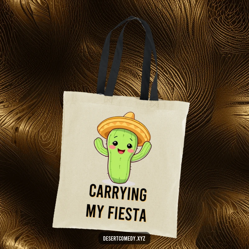 Funny cactus tote bag with a smiling face and tiny sombrero, energetically doing a jig.