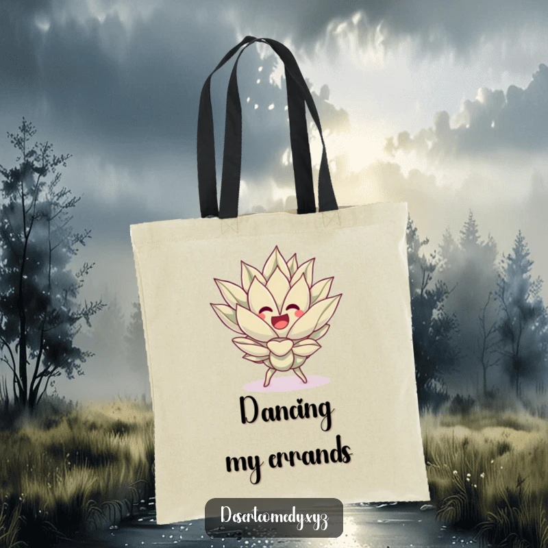Funny tote bag with a cheerful agave plant doing a silly dance, perfect for carrying items and spreading festive energy.