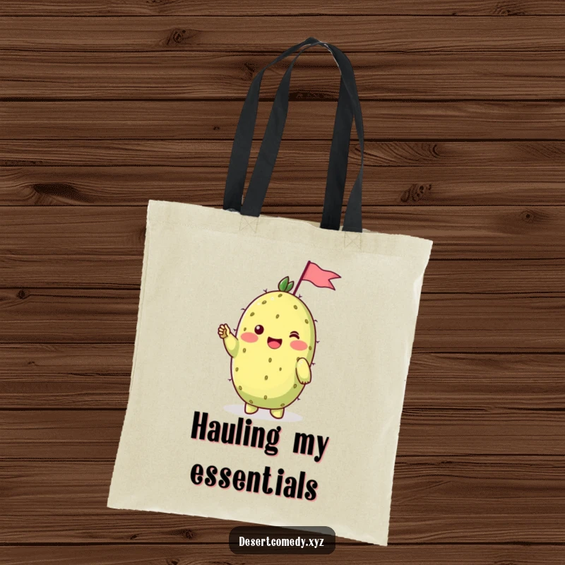Funny tote bag featuring a cheerful prickly pear cactus with shy blushing cheeks, waving a tiny flag, perfect for daily use.