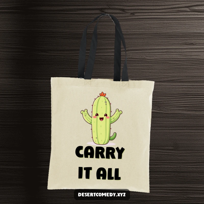 Funny tote bag featuring a happy saguaro cactus waving its arms joyfully, showcasing vibrant desert spirit and practicality.